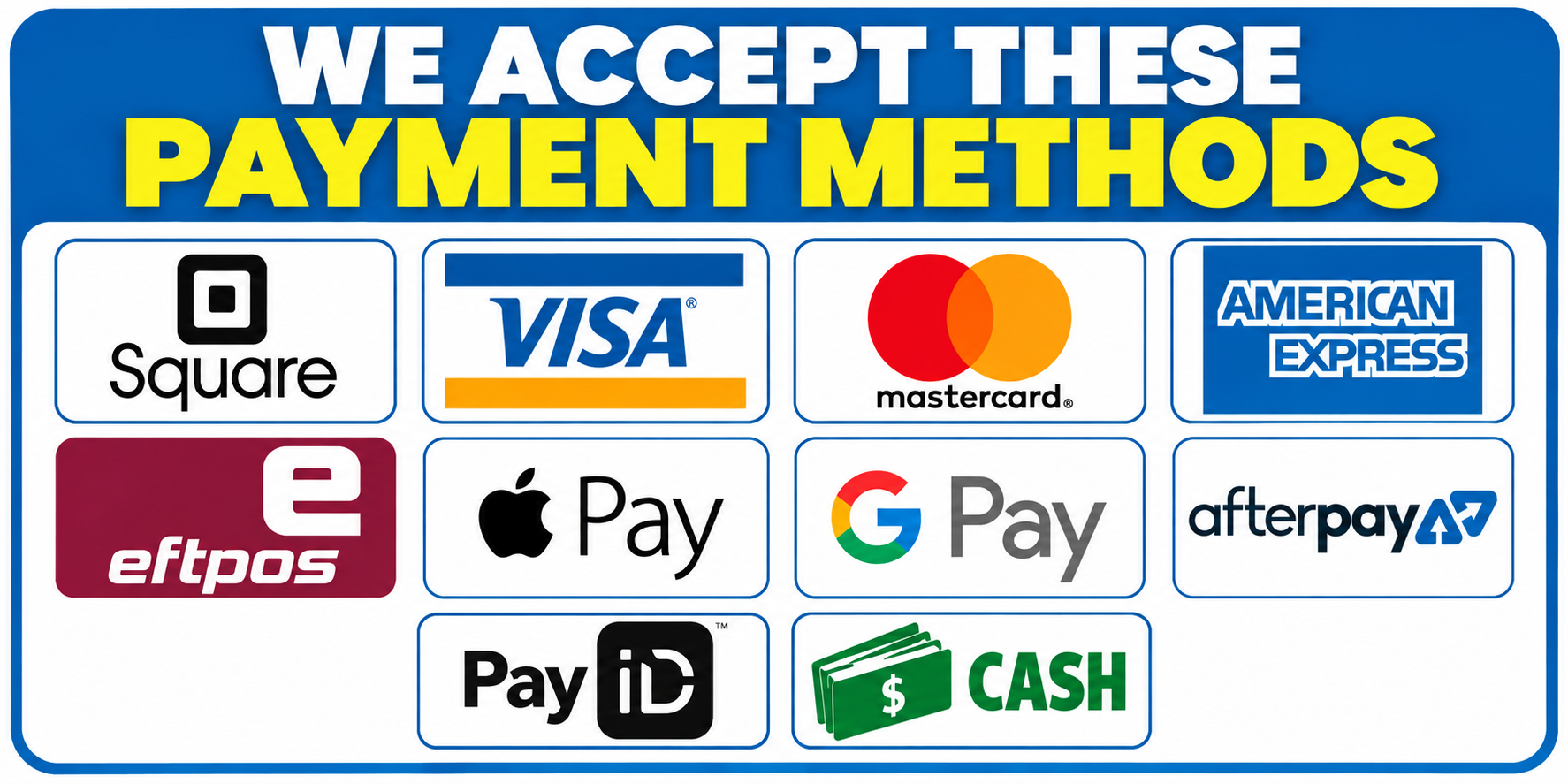 We accept payments using Square, Visa, Mastercard, eftpos, Apple Pay and Google Pay